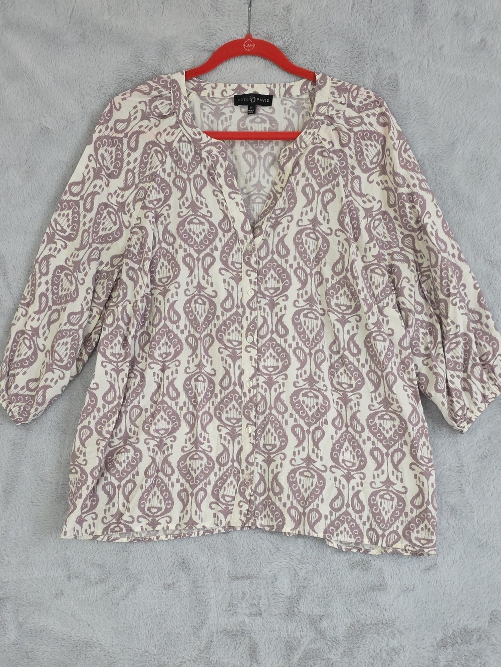Fred David Women's 2X Ivory Taupe Ikat Print Blouse 3/4 Sleeve Split Neck Plus S - Picture 1 of 12